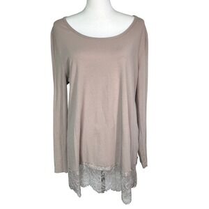 SOFT SURROUNDINGS Women's XL Taupe Pink Long Sleeve Lace Trim Tunic Top Shirt